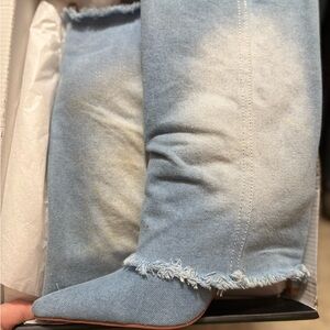 Fashion Nova Light Blue Frayed Heeled Boots